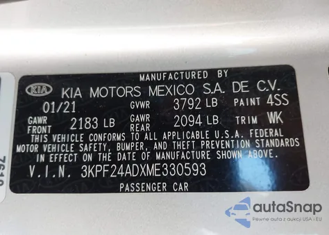 2021 Kia Forte Lxs z USA, uszkodzony, nr VIN 3KPF24ADXME330593